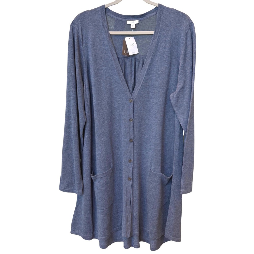 J. Jill Heather Blue Button Front Cardigan Long Sweater Pockets XL NWT Office